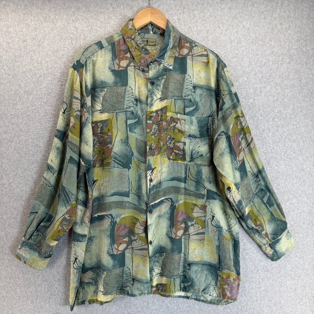 Robert Stock Silk Button Down Shirt Abstract Green Print Vintage Mens Size Large
